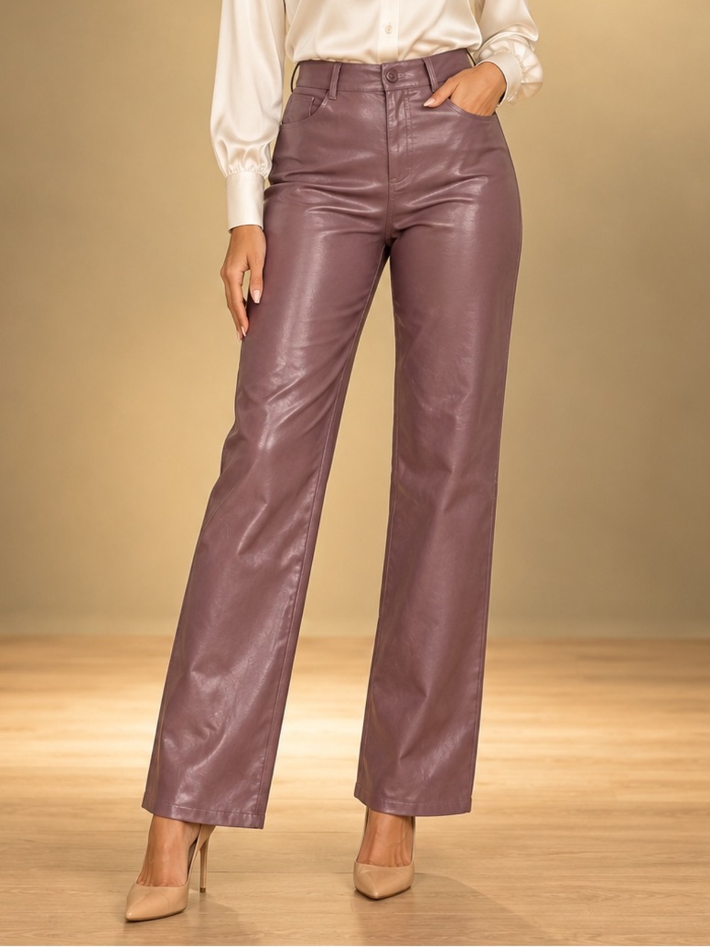 Lelis Collection Faux Leather Pants Women’s Size 10 Mauve Wide Leg